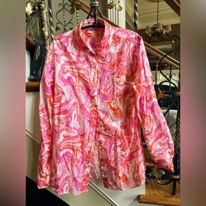 J. McLaughlin Pink and Orange Swirl Shirt EUC Long Sleeves. Size M Cotton.